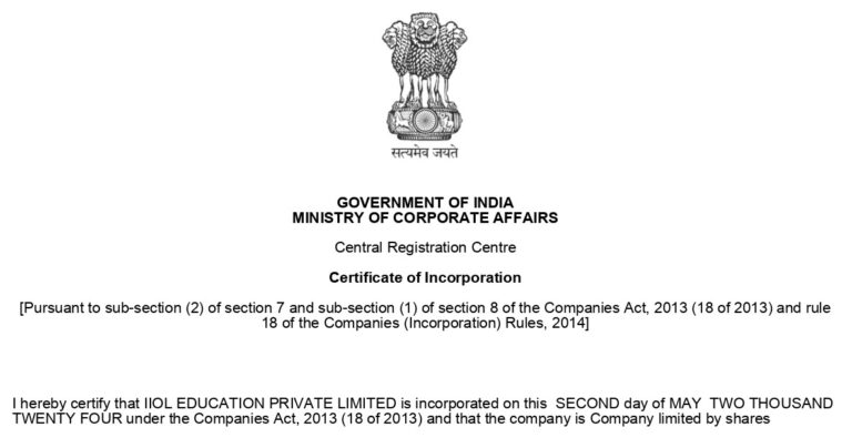 Certificate of Incorporation IIOL